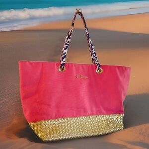 NWT Lilly Pulitzer Island Coral Tote Bag w/Gold Weave Trim & Accent Straps